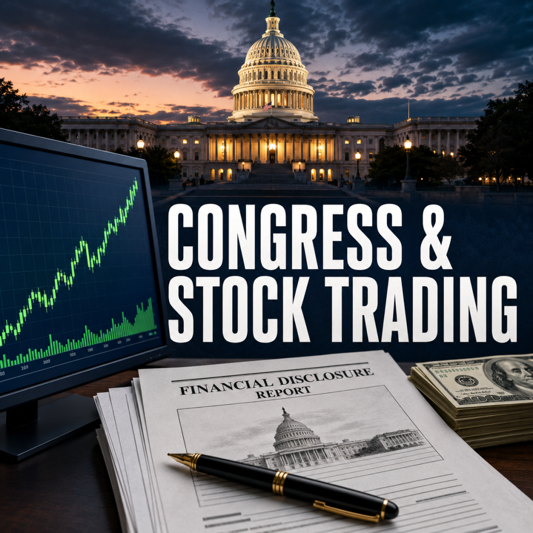 Congressional Stock Trading – New Legislation U.S. Capitol, rising stock chart and congressional financial disclosure report representing the congressional stock-trading debate.