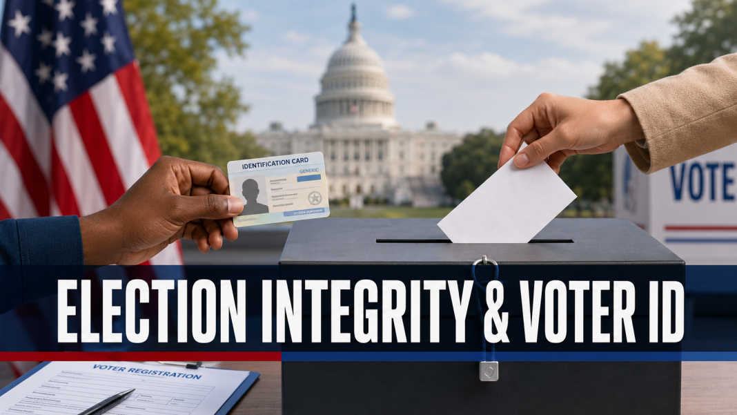 Election Integrity and Voter Identification A voter presents identification while another casts a ballot, with the U.S. Capitol in the background.